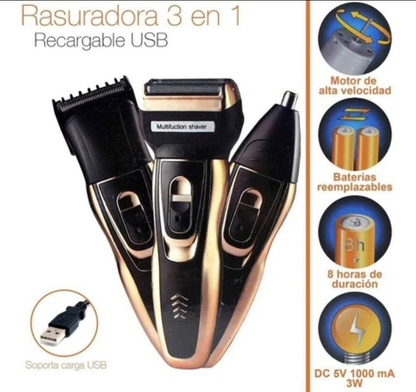 ✂️⚡Máquina Gemmy 3 en 1 – Afeitadora Portátil Recargable para Barba, Bigote y Nariz