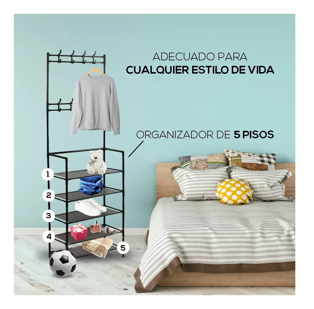 Zapatero Perchero Ganchos Organizador Metálico 5 Niveles – Color Negro